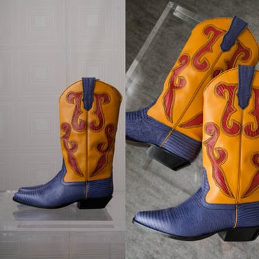 Vintage 90s NINE WEST Denim Blue, Yellow Ochre & Red Reptile Leather Cowgirl Boots | Made in Brazil | Size 7 - 7.5 | 1980s Designer Boots 