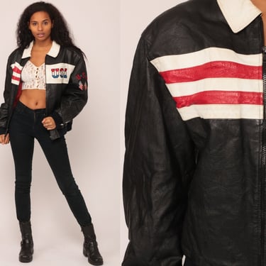 Leather Biker Jacket USA Jacket 80s American Flag Black LEATHER Biker Jacket Motorcycle Bomber Moto 1980s Vintage Moto Large 