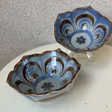 Vintage Ken Edwards Mexican Pottery small bowls set 2 blue brown El Palomar Mexico 