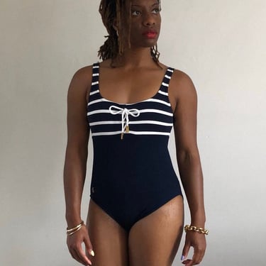 90s Ralph Lauren swimsuit / vintage navy blue nautical sailor striped lace front one piece maillot tank swimsuit | Small 