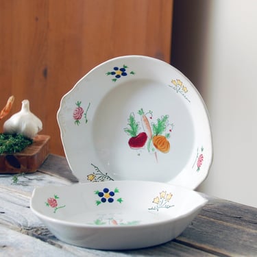 Vintage Ironstone vegetable pattern baking dishes / hand painted oven proof small serving dishes / pair of 2 vintage Ideal ironstone dishes 