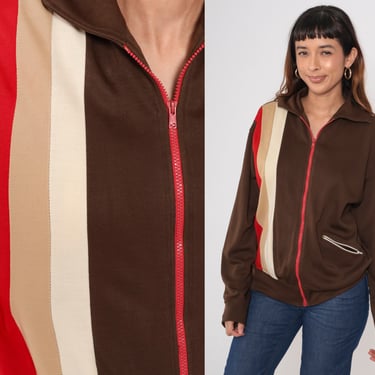 70s Track Jacket Chocolate Brown Striped Jacket Zip Up Jacket Red Tan Cream Jacket 1970s Sport Vintage Tracksuit Large L 