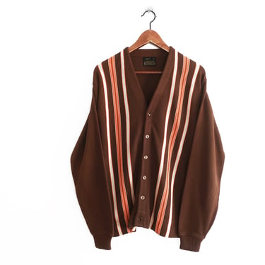 striped cardigan / 70s cardigan / 1970s Sears brown and orange striped grandpa cardigan Large 