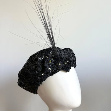 vintage 1960s Adolfo black sequin beret hat w/ feather 