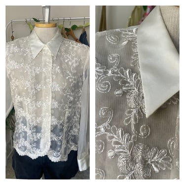 Vintage 1990s Sheer Blouse with Embroidered Front | Satin Trim and Tie Back | Size Large | Elegant and Feminine 