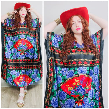 1990s Vintage Winlar Blue Rose Silky Caftan / 90s Fan Print Red and Black Beach Coverup Maxi / One Size 