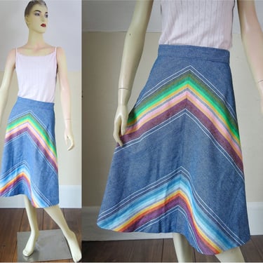 70s chevron stripe skirt size XS, a line denim midi flare for perfect hippie style, rainbow mexican blanket serape skirt 