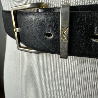 Vintage 90’s YSL Men’s dress belt~ skinny trouser belt black with distressed silver tone~ size XL 
