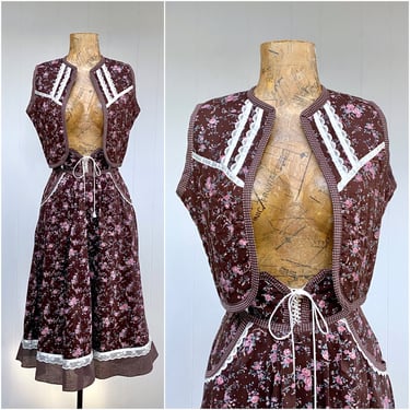 Vintage 1970s Gunne Sax Floral Cotton Peasant Skirt/Quilted Vest, 70s Jessica McClintock Boho Cottagecore Prairie Style, Small, VFG 