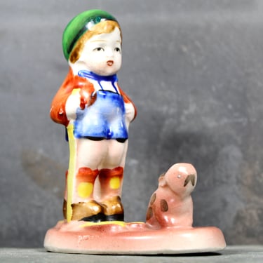 Vintage Ceramic Figurine | Boy Skier with Pink Bunny | Made in Occupied Japan | MIOJ | Easter Boy 
