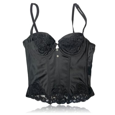Black Embroidered Bustier // Faux pearl bead detail // Spaghetti Straps //Cacique // Size 34B 