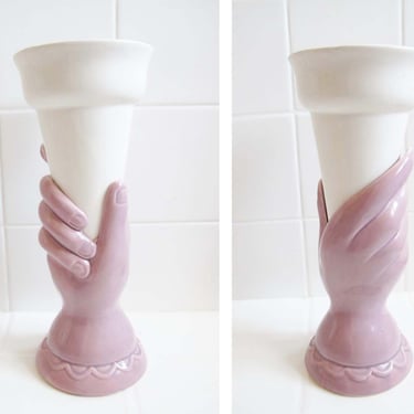 Vintage 80s Post Modern Hand Vase - 1980s Surrealist Torch Cone Flower Holder - Lavender Purple Vase - Best Friend Gift 