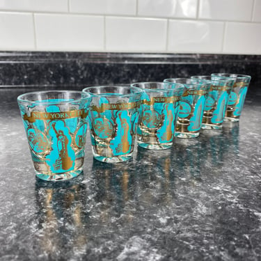 New York City Shot Glasses, Vintage NYC Turquoise & Gold Souvenir, Vintage Cocktail Party, Set of 6 NYC Shot Glass, Statue of Liberty Empire 