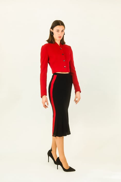 Karl Lagerfeld Red & Black Color Block Skirt Suit 