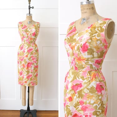 vintage 1960s pink & green abstract floral dress • bright nylon sleeveless tailored dress 