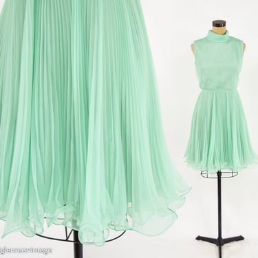 1960s Green Pleated Party Dress | 60s Mint Green Sleeveless Dress | Miss Elliette | Medium 