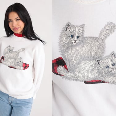 Kitten Sweatshirt 90s Cat Slippers Sweater Baby Animal Sweatshirt Graphic Mock Neck Kawaii White Red Vintage 1990s Medium Large 