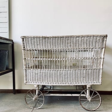 Antique Wicker Hotel Laundry Cart | Large White Wicker Basket on Wheels | Casters | Front Porch Rolling Basket Shabby Chic Industrial Decor 