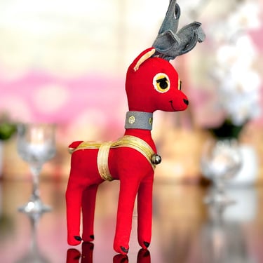 VINTAGE: 1960s - Red Velvet Reindeer - Vintage Holiday Fair - Made in Japan - Velvet Deer Rudolph  Animal Holiday, Christmas Ornament 