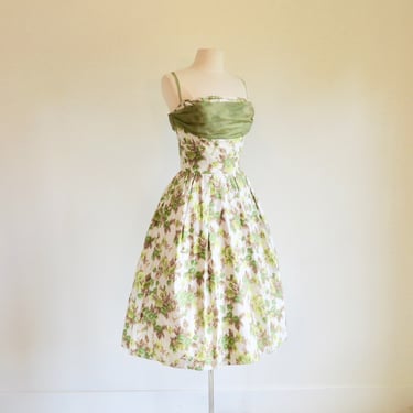 Vintage 1950's Lorrie Deb Green White Floral Print Cotton Organza Fit and Flare Party Dress Rockabilly Swing Spring Summer 26