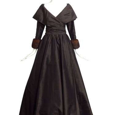 CATHERINE REGEHR- 1980s Brown Taffeta & Mink Ballgown, Size 8