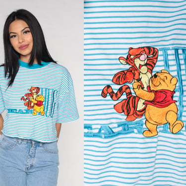 Winnie The Pooh Shirt Y2K Disney Crop Top Embroidered Tigger Graphic Tee Bear Hug Cartoon Cropped Tshirt Cute Blue White Vintage 00s Large L 