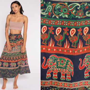 Indian WRAP Skirt Batik Elephant Print Maxi Boho Vintage Hippie Festival High Waist Bohemian Dark Blue Red Small Medium Large 