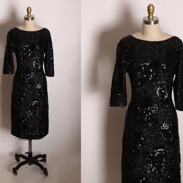 1950s Black Wool Floral Sequin 3/4 Length Sleeve Knee Length Stretch Wiggle Dress by Gene Shelly Boutique Internationale -S 