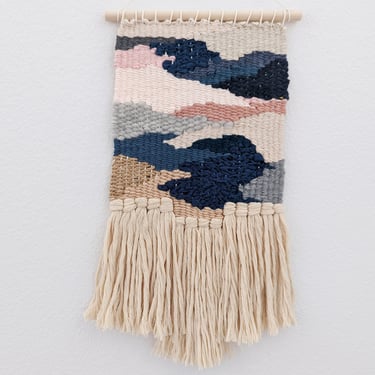 Wall Weaving / Woven Tapestry Hanging - Navy Blue, Dusty Pink / Blush, Pale Pink, Grey - Mini Boho Fiber Art Weave / Textile - Nursery (E) 