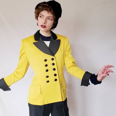1980s Ilie Wacs Yellow Blazer with Black Collar & Buttons / 80s Designer Jacket Double Breasted / Medium 