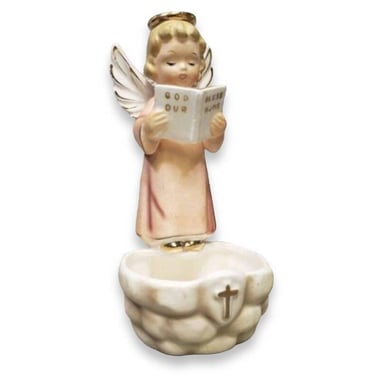 Vintage Angel Figurine, God Bless Our Home Holy Water Font, Japan, Porcelain Christian Religion Wall Pocket, New 1st Home Housewarming Gift 
