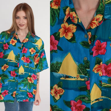 Blue Hawaiian Shirt 90s Silk Button Up Blouse Tropical Hibiscus Flower Sailboat Print Short Sleeve Summer Top Boat Vintage 1990s Large L 