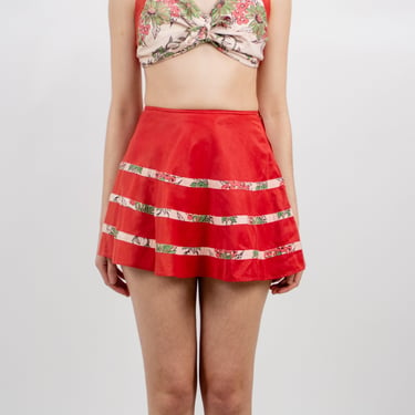 1950s Cotton Red and White Floral Two Piece Bathingsuit with Matching Skirt