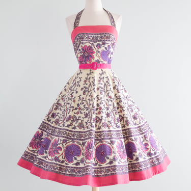 Fabulous 1950's Pink & Purple Indian Block Print Cotton Halter Dress / XS