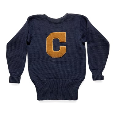Vintage 1930s/1940s Wool Varsity Sweater w/ Chenile Patch ~ Letterman Pullover ~ Low Gauge Knit 