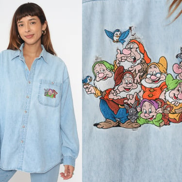 Disney 90s Denim Shirt Snow White & Seven Dwarfs Embroidered Jean Button-Up Vintage Blue Women's Large 