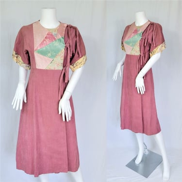 1970's Sharon's World Dusty Rose Corduroy Kimono Patchwork Wrap Dress I Sz Sm 