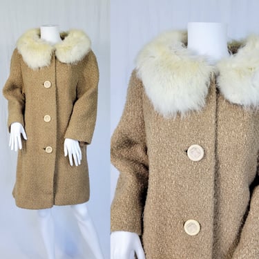 1950's Camel Brown Wool Boucle Button Down Coat I Fox Fur Collar I Sz Med I Hockanum Fabric I Serena 