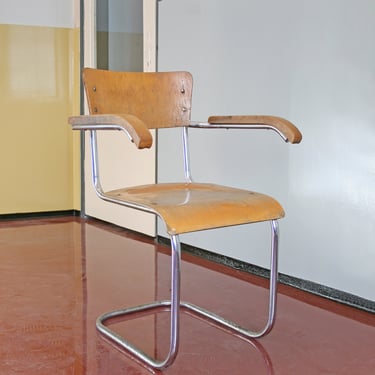 Vintage Mart Stam Thonet S43F Wooden Tubular Chrome Cantilever Home Office Desk Armchair Bauhaus Modernist Dining Functionalist Industrial 