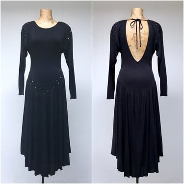 Vintage 1980s Black Drop-waist Jersey Midi Dress with Ribbon-Work Rhinestone Trim and Open Back, Medium 36