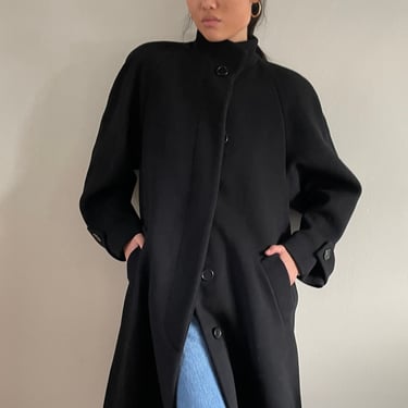 80s Perry Ellis Portfolio wool coat / vintage luxe black wool raglan sleeve swing capsule wardrobe winter maxi trench coat overcoat | L 