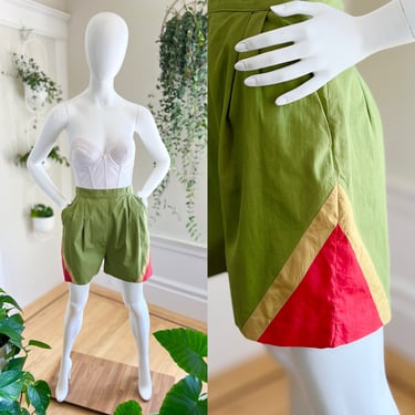 Vintage 1950s Shorts | 50s Color Block Cotton High Waisted Olive Army Green Pin Up Shorts (small) 