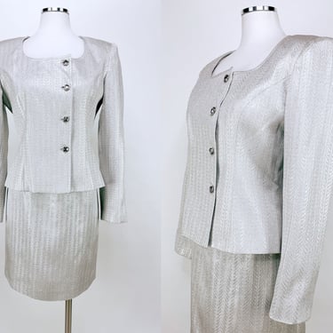 Vintage 80s-90s Silver Formal Pencil Skirt Suit w Metallic Striped Stitching & Jeweled Off Center Buttons by GANTOS Medium | Wedding, Bridal 