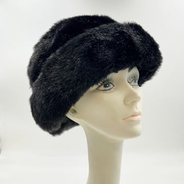 Vintage Fake Fur Hat | 70s Black Acrylic Fur Winter Hat 