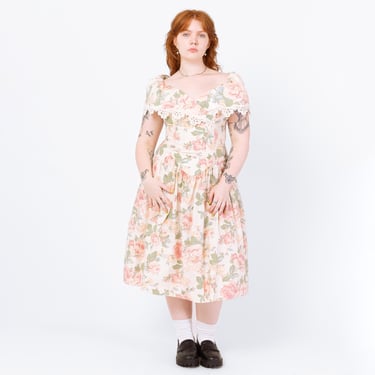 Vintage 80s Jessica McClintock Pastel Floral Off-Shoulder Midi Dress - Medium | Cream Pink Green Fit & Flare Formal Prom Party Dress 