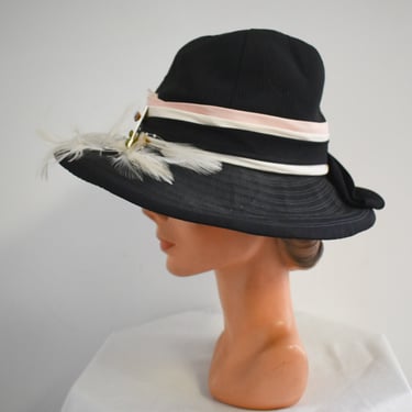 Vintage Charo Black Feather Wide Brim Hat 