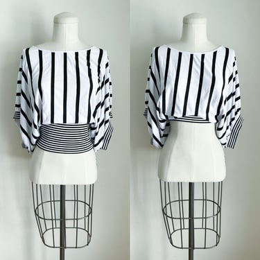 Vintage 1980s Black & White Striped Batt Wing Top / XS-S 