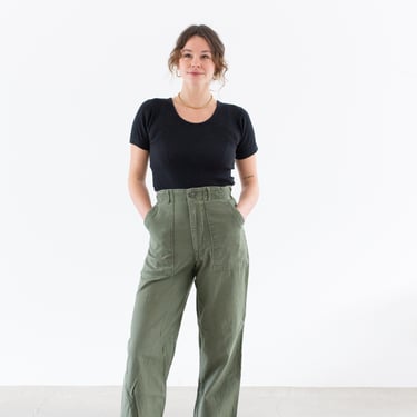 Vintage 27 Waist Olive Green Army Pants | Unisex Utility Fatigues Military Trouser | Zipper Fly | F477 