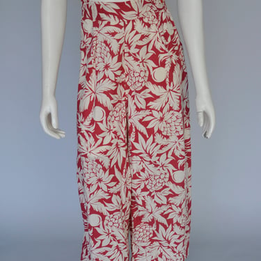 vintage 1930s red tropical print wide leg beach pajama pants M/L 