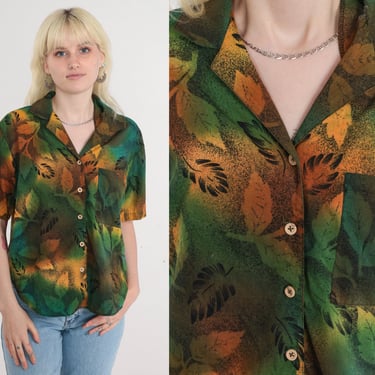 Leaf Print Top 90s Tie Die Shirt Button up Blouse Short Sleeve Pattern Psychedelic Groovy Statement Green Orange Blue Vintage 1990s Large 
